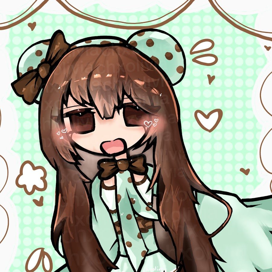 chxolivia's profile art: a smiling girl with long brown hair, a mint polka-dot bow and bear-ear hat, on a mint background with hearts